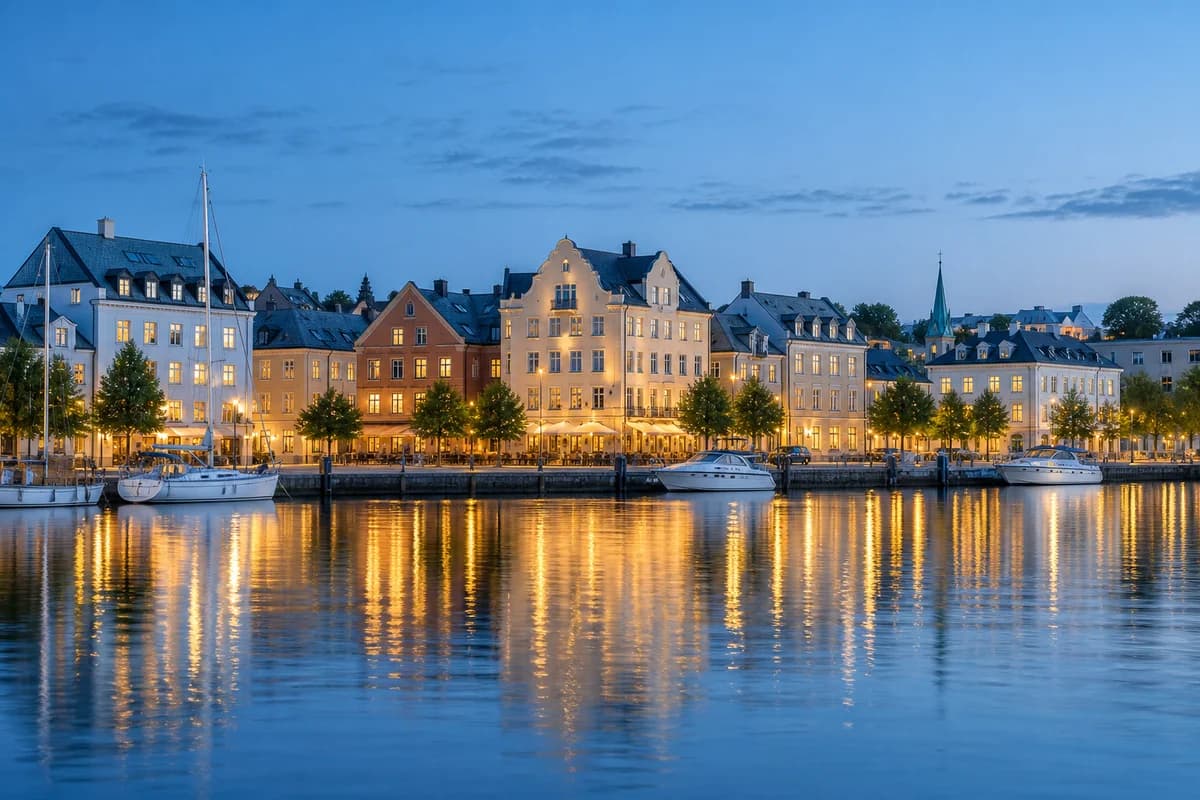 Illustrative Nordic waterfront at blue hour